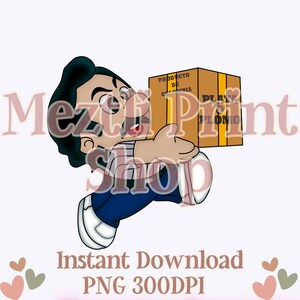 以下が含まれることがあります： 青いジーンズと白いシャツを着た男性が、「PRODUCTO DE COLOMBIA PLAY PLOMO」と書かれた茶色の箱を持っている、漫画のイラストです。