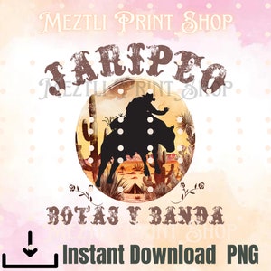 May include: A digital download of a graphic design featuring a silhouette of a cowboy riding a bull in front of a desert landscape with cacti. The text "FARIPEGO BOTAS Y BANDA" is written in brown letters with a distressed look. The background is a watercolor wash of pink and orange.