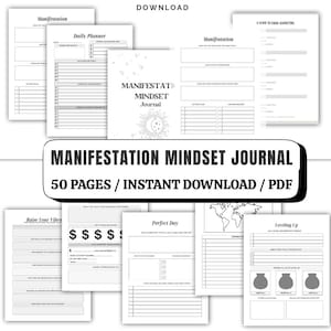 Może przedstawiać: Zestaw drukowanych stron planera z tekstem "Manifestation Mindset Journal" i "50 stron / Natychmiastowe pobieranie / PDF". Strony zawierają sekcje do codziennego planowania, wyznaczania celów i autorefleksji.