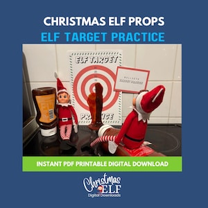 May include: A Christmas Elf target practice scene with a target, an elf doll, and a bottle. The scene includes the text "Christmas Elf Props" and "Elf Target Practice". The image is a digital download.
