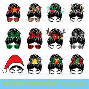 Christmas Messy bun, Messy Bun Bundle svg, Momlife svg, Mom Life svg, Mom life Kid Life Png, glasses svg, Cricut Silhouette