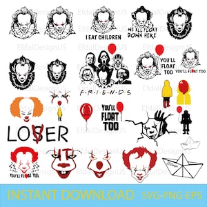 Könnte beinhalten: Ein Set mit 18 digitalen Schnittdateien mit dem Charakter Pennywise aus dem Film ES. Die Dateien beinhalten verschiedene Bilder von Pennywise, darunter seinen ikonischen roten Ballon, die Worte "You'll Float Too" und den Text "Loser".
