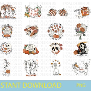 May include: A set of 12 digital clipart images featuring skeletons, pumpkins, and autumn-themed text. The images are in a cartoon style and feature a variety of colours, including orange, black, and white.