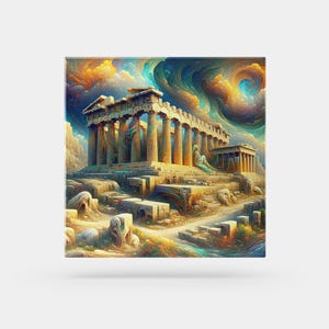 Ancient Greek Temple Wall Art, Vibrant Ancient Ruins Painting, Historical Architecture Art Print, Colorful Temple Decor