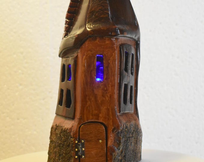 Hand carved Cottonwood  house for Wee folk with color changing tea light
