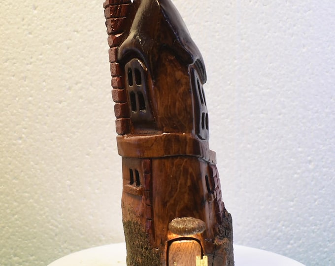 Hand carved Cottonwood bark Wee folk home with (battery powered) porch light