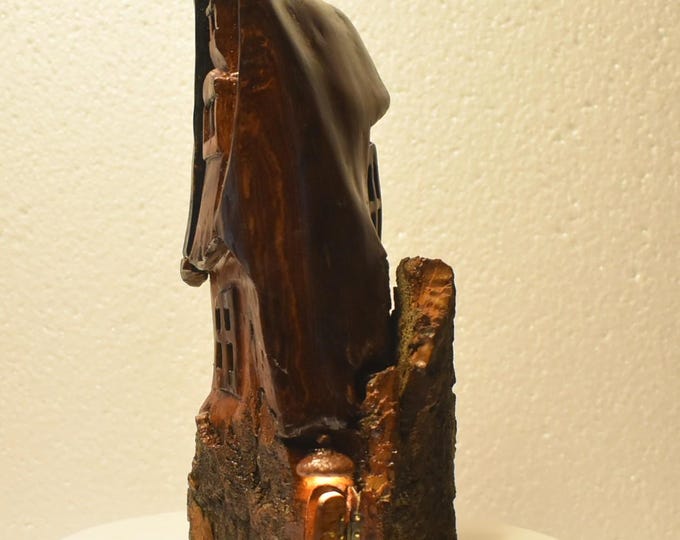 Hand carved Cottonwood bark Wee folk home with battery operated porch light and working door