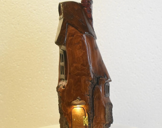 Hand carved Cottonwood bark Wee folk home with (battery powered) porch light