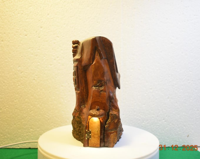Hand carved Cottonwood bark Wee folk home with (battery powered) porch light