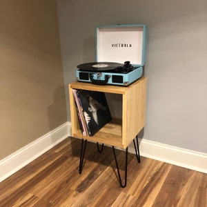 Minimalist record player stand with storage, rustic, mid century modern