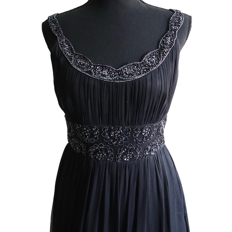 Adrianna Papell Evening SILK Dress Gown Black Ruched Beaded Empire Waist 4 image 2