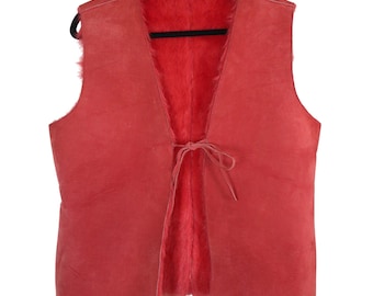 Vintage 90s Rust Red Suede Leather Vest Fur Lined Tie Newport News Womens Large