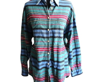 Vintage 90s Blue Green Striped Denim Button Down Shirt Tunic Cotton Womens Large
