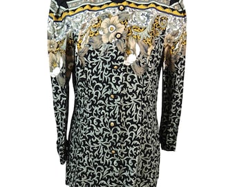 Vintage 80s 90s Black Yellow Gold Lindsey Scott Mid Length Blazer Jacket 12