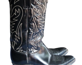 Vintage 70s JUSTIN Black Leather Western Boots Cream Embroidered Pointed Men 9 D