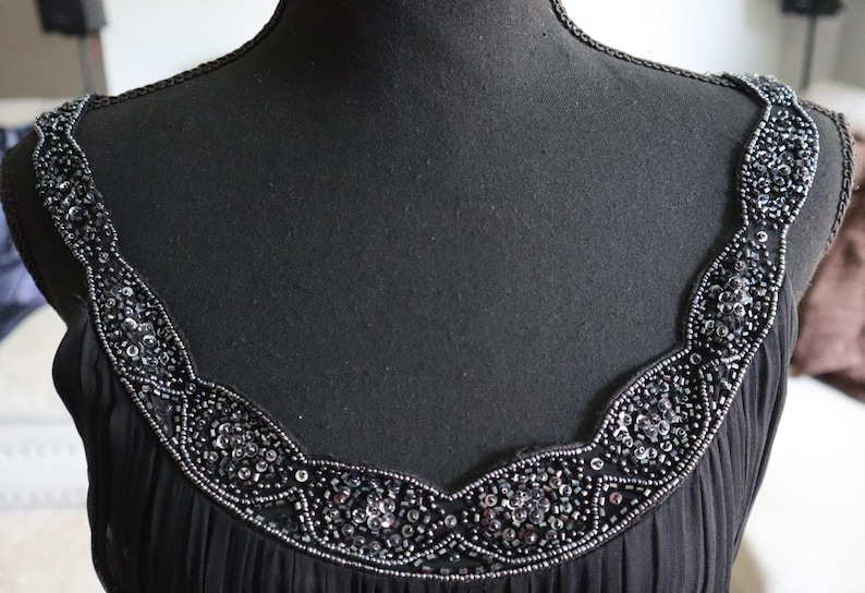 Adrianna Papell Evening SILK Dress Gown Black Ruched Beaded Empire Waist 4 image 3
