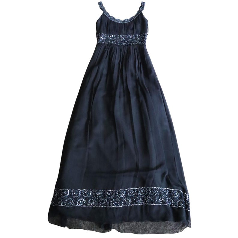 Adrianna Papell Evening SILK Dress Gown Black Ruched Beaded Empire Waist 4 image 7