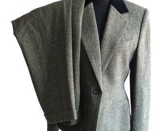 Vintage 90s Ralph Lauren Black Herringbone Pleated WOOL Pant Suit Set 10 12 Cuff