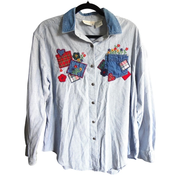 Vintage 90s Button Down Shirt Embroidered Flowers Heart Cottage XL Casey & Max