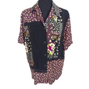Vintage 90s Mixed Media Floral Patchwork Button Up Top Lace Gauze Grunge Large