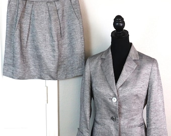 Vintage 90s Talbots LINEN Gray Metallic Skirt Suit Mini Pleated 3/4 Sleeves Womens 2 4P