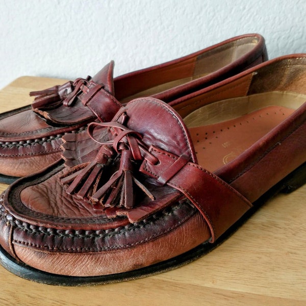 Vintage French Shriner Shoes Men's 8 Cognac Brown Leather Kiltie Tassel Loafer