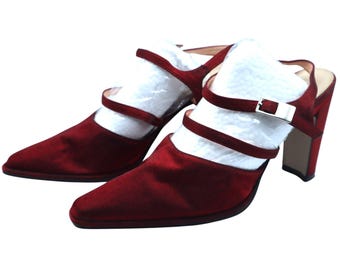 Vintage 90s Y2K Red Satin Turbo Cat Block Heel Slingback Square Toe Pump 8