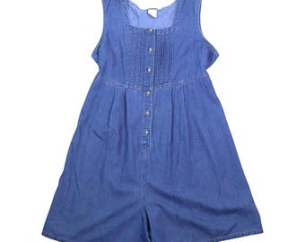Vintage 90s Oh Mamma Maternity Denim Jumpsuit Shortall XL Pleated Tie Back