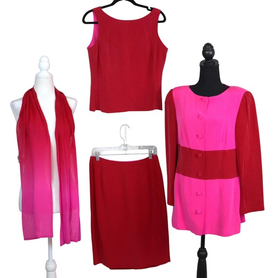 Vintage Y2K Dana Buchman Pink and Red SILK Skirt Suit 3 Piece Set and Ombre Scarf 10 Mod