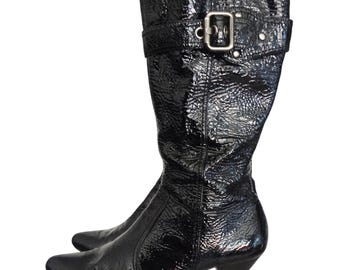 Vintage 90s Y2K Black Patent Leather Pebbled Boots Buckle Slouchy Womens 7.5