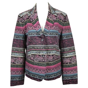May include: A multi-colored blazer with a paisley pattern. The blazer has a striped design with pink, blue, green, and black colors. The blazer has a button closure.