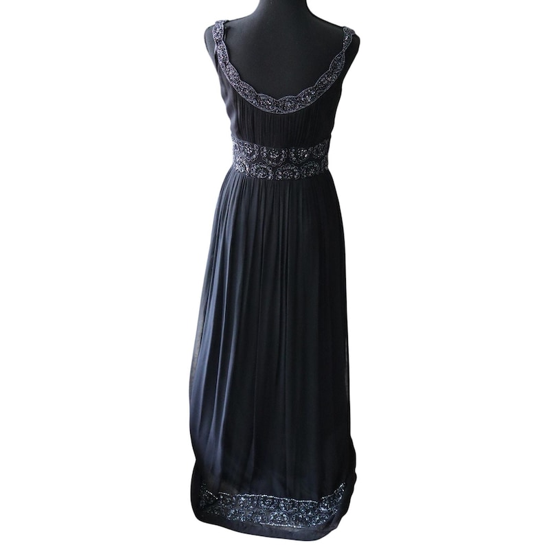 Adrianna Papell Evening SILK Dress Gown Black Ruched Beaded Empire Waist 4 image 5