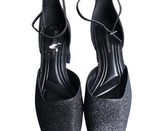 BCBG Vintage Y2K Black Glitter Block Heel Ankle Strap Square Toe Pump Party 7.5