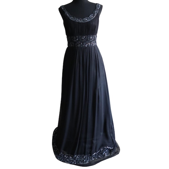 adrianna papell beaded long dress black Evening SILK Gown Ruched Empire Waist 4 donate 60% wholesale 12.30.25 Melissa Sweet, MS251209 New Color:Gray Sky shoulder gown well
