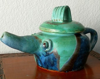 Studio Art Stoneware Pottery Elephant Teapot coffee pot blue Green