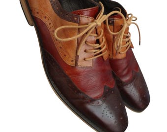Stacy Adams Tinsley Wingtip Lace Up Oxford Brown Tan Red Leather Men 10.5 Dress shoes retro 3 tone three