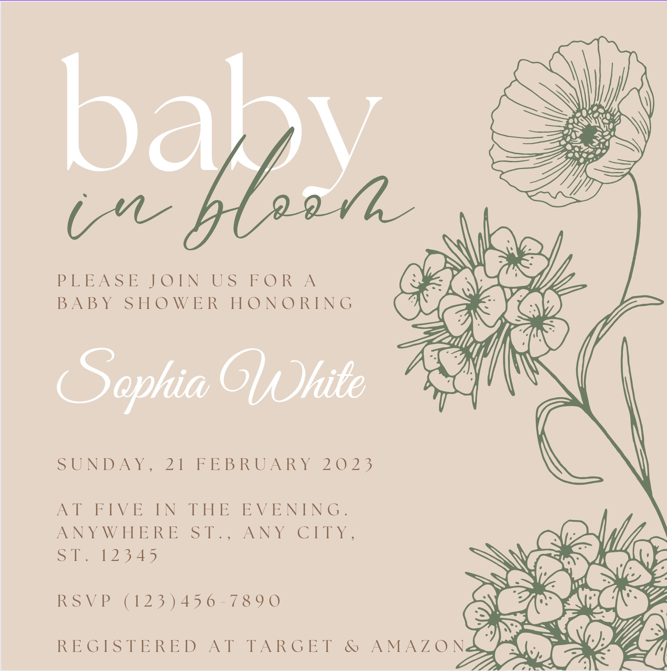 Baby in Bloom Baby Shower Invitation Set Instant Download Template
