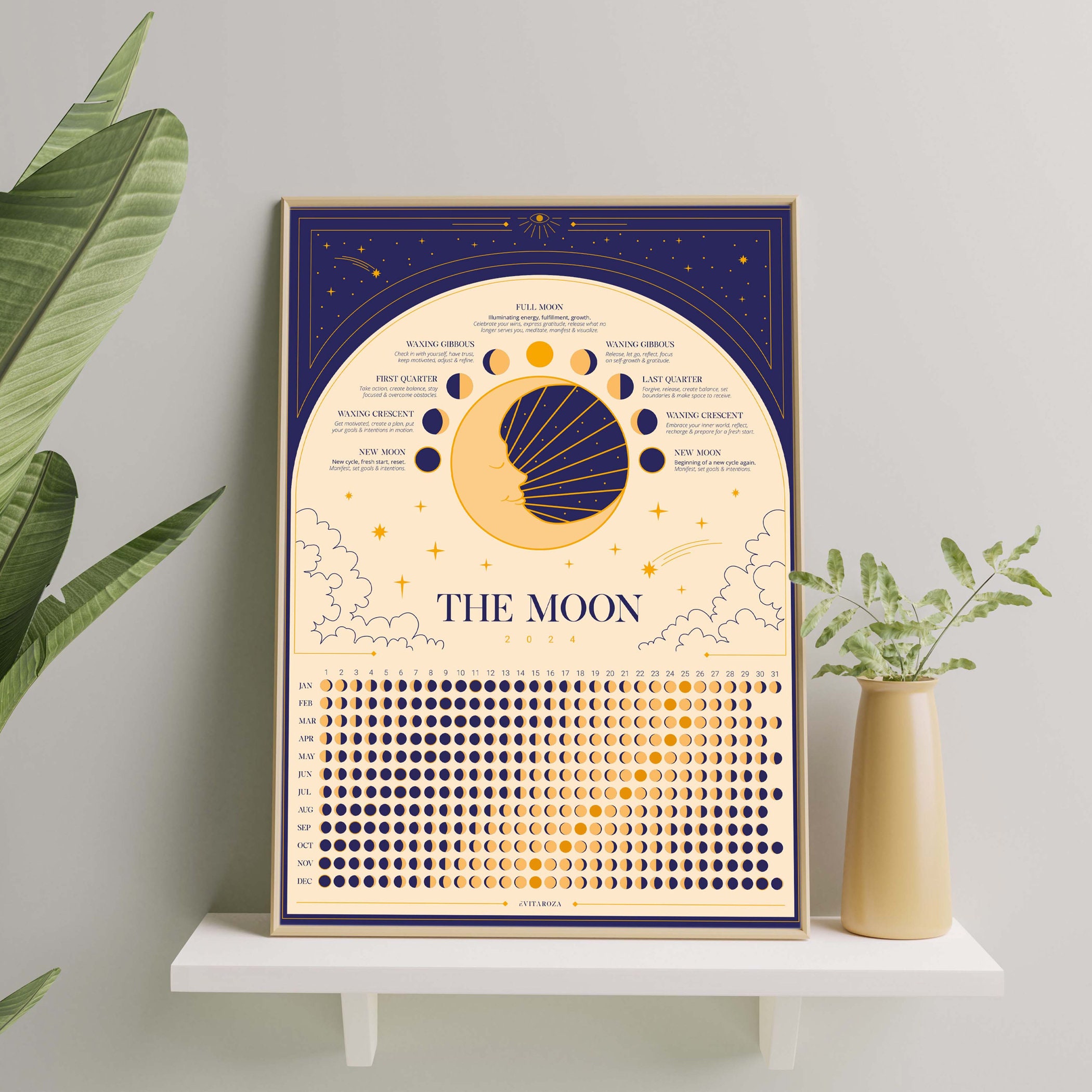 Moon Calendar Print 2024 Blue Digital Download 3 Sizes Moon Phase Wall ...