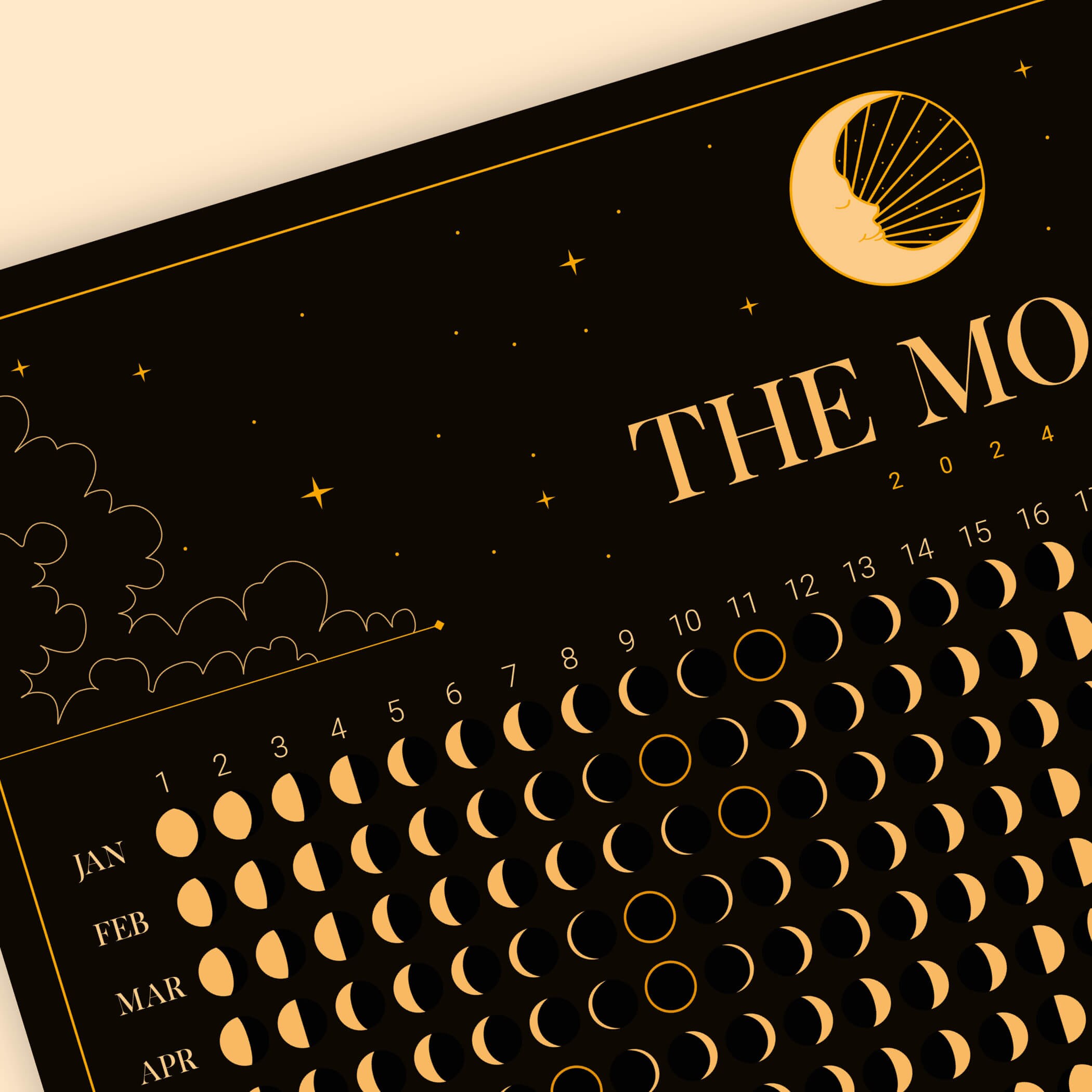 Moon Calendar Print 2024 Dark Digital Download 3 Sizes Moon Phase Wall ...