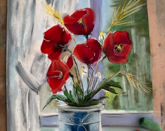 Origineel pastel schilderij van klaprozen, bloemenstilleven met rode klaprozen, handgemaakte wanddecoratie, botanisch kunstwerk