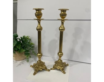 Solid Brass Decorative Ornate Elegant Mantle Table Church Candlesticks 14”