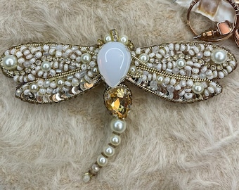 Handmade Dragonfly Brooch, Designed White Dragonfly Beaded Pin