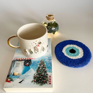 Handmade Punch Needle Coasters, Evil Eye Coasters, Handmade Mug Rugs
