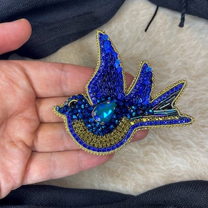 Handmade Bird Brooch, Designed Blue Bird Beaded Pin