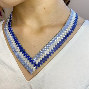 Miyuki Necklace, Handwoven Beaded Necklace, Blue Tila Beaded Necklace