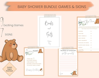 Games Bundle Baby Shower|Baby Shower Signs| Teddy Theme| Instant Download| Baby Shower Games Package| Printable Games|Bingo|Message Card