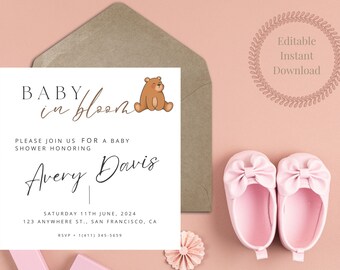 Boho Baby Shower Invitation Template| Teddy Bear Baby Shower Invitation Printable Editable| Gender Neutral Boho Baby Shower Invite