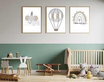 Kids Bedroom Wall Decor|Nursery wall prints| Nursery wall art| Baby animal prints|Love and Joy Rainbow and Hot Air Balloon