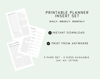 Printable Planner Insert Set, Undated Planner Inserts, Daily Planner, Weekly Planner, Monthly Planner,  Instant Download, Productivity