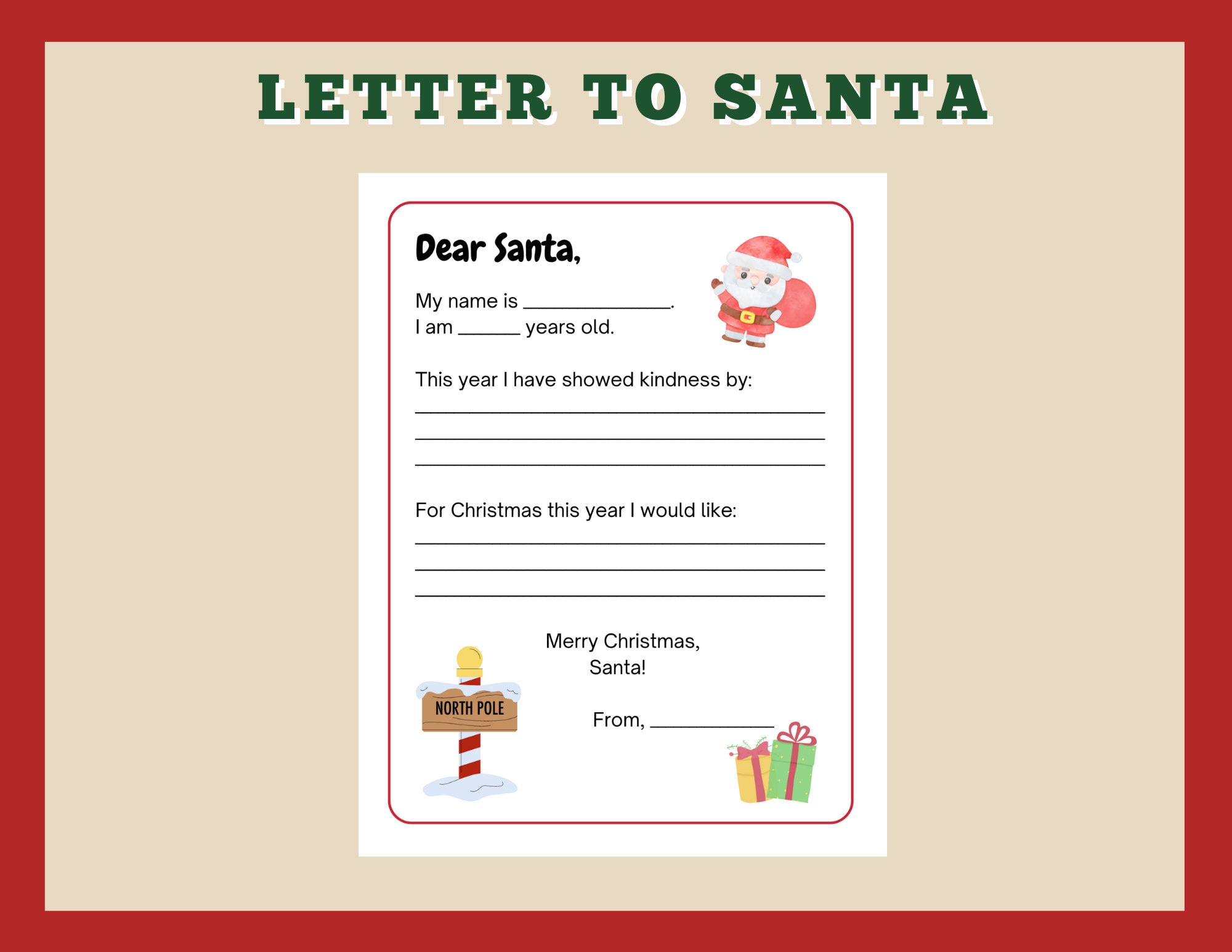 Letter to Santa Template, Printable Christmas Activity for Kids, Draw a ...